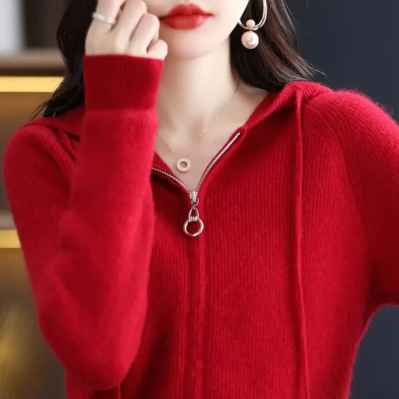 Fashion Woman Blouses 2023 Knitted Hooded Long Sleeve Commuter Vintage Casual All-match Solid Color Zipper Sweaters Cardigan