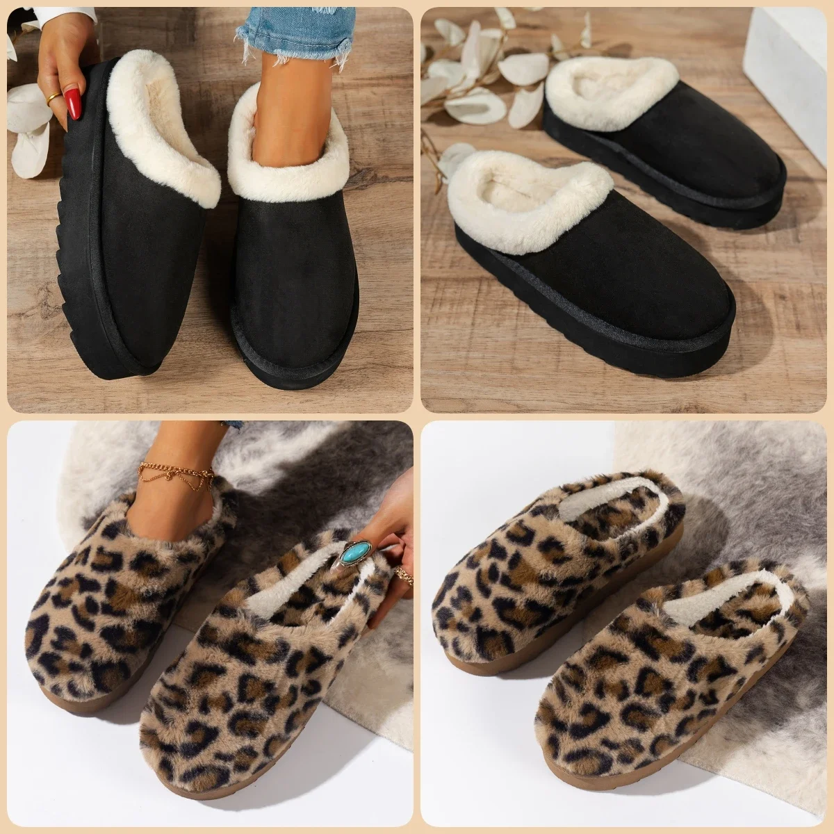 Sepatu kasual wanita musim dingin, berbulu tebal, sol tebal, anti selip untuk dalam ruangan dan hangat dengan lapisan bulu.