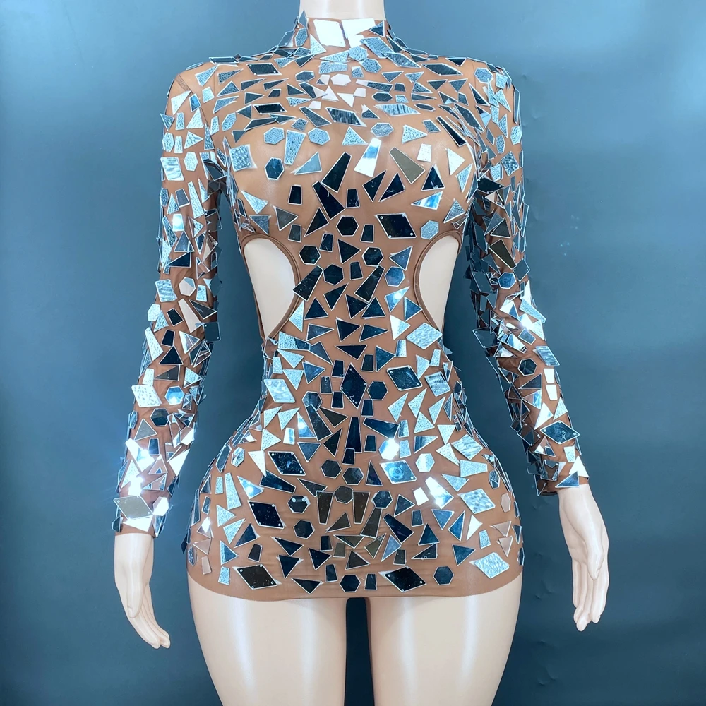 

Shining Mirrors Long Sleeve Hollow Out Short Dress Sexy Mesh See Through Birthday Club Party Dress Singer Dancer Show Stage Wear