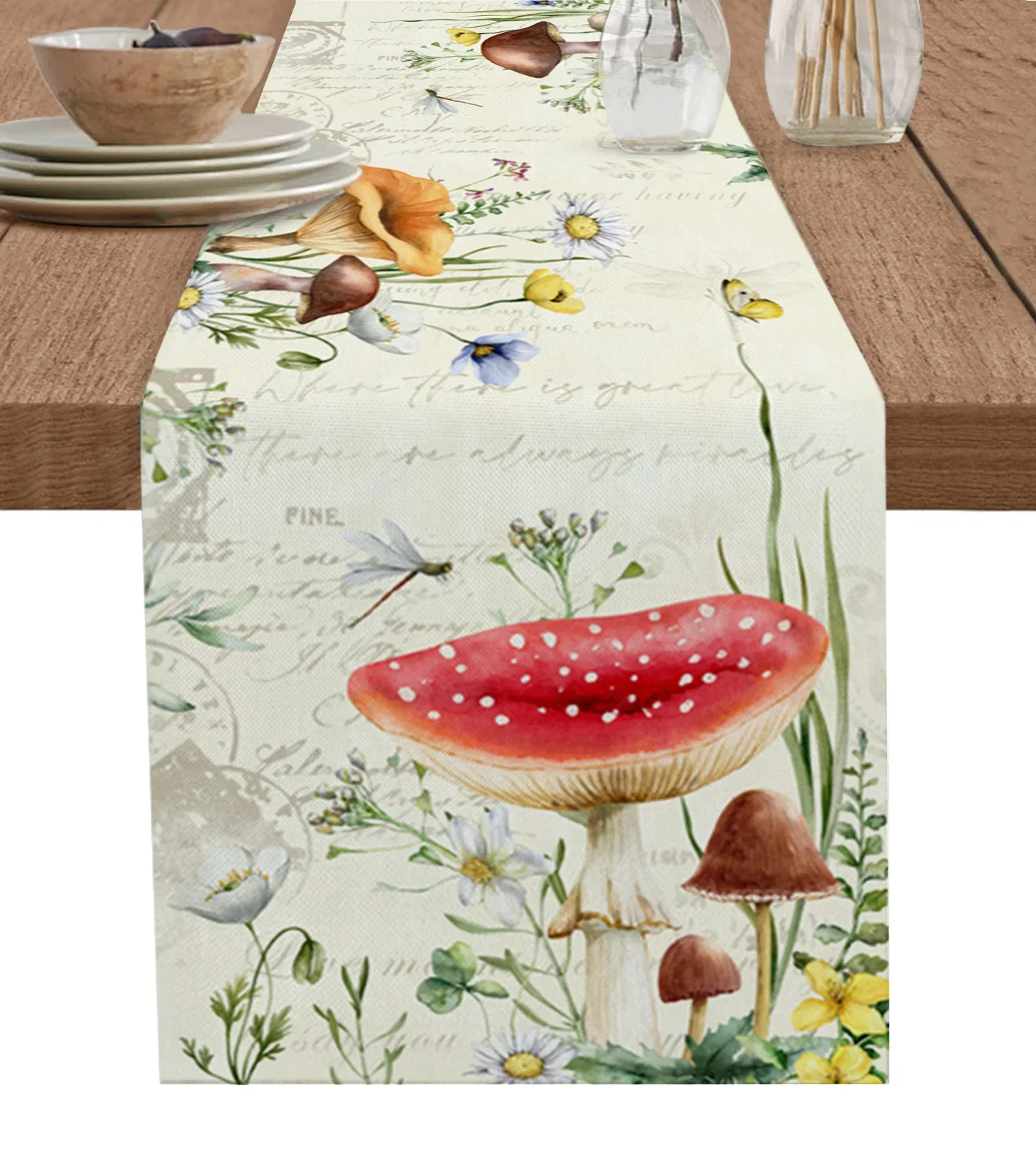 Mushroom Flower Plants Linen Table Runners Kitchen Table Decoration Accessories Dining Table Runner Wedding Party Supplies