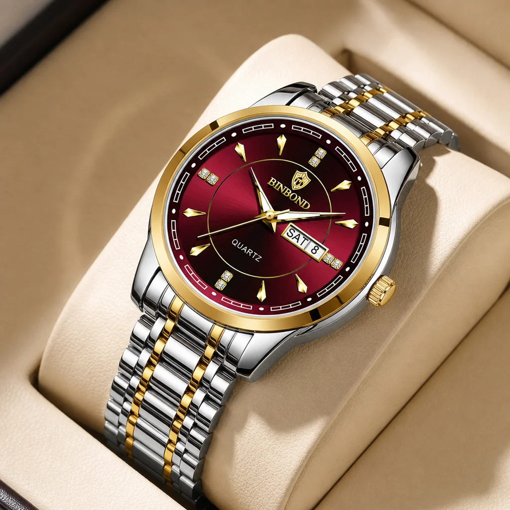 

1pcs Fashion Watch Two Tone Metal Strap Wine Red Dial Dual Calendar Quartz Movement Business Casual Daily Wear Stylish D
