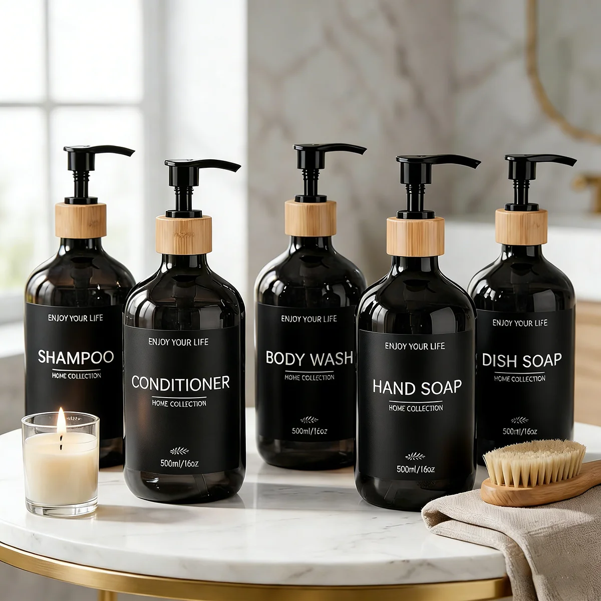 Kitchen & Bathroom Soap Dispenser Set -Refillable Black PET Plastic Bottles with Bamboo Pumps Modern Farmhouse Decor for Shampoo