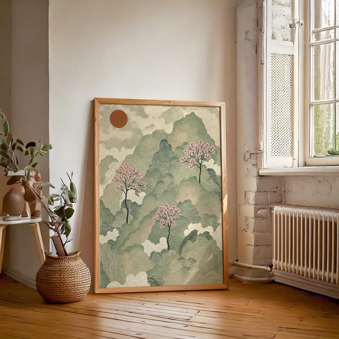 Vintage Ukiyo-E Inspired Landscape Wall Print Decor - Stylized Illustration of Rolling Green Mountains, Wavy Cloud Patterns a