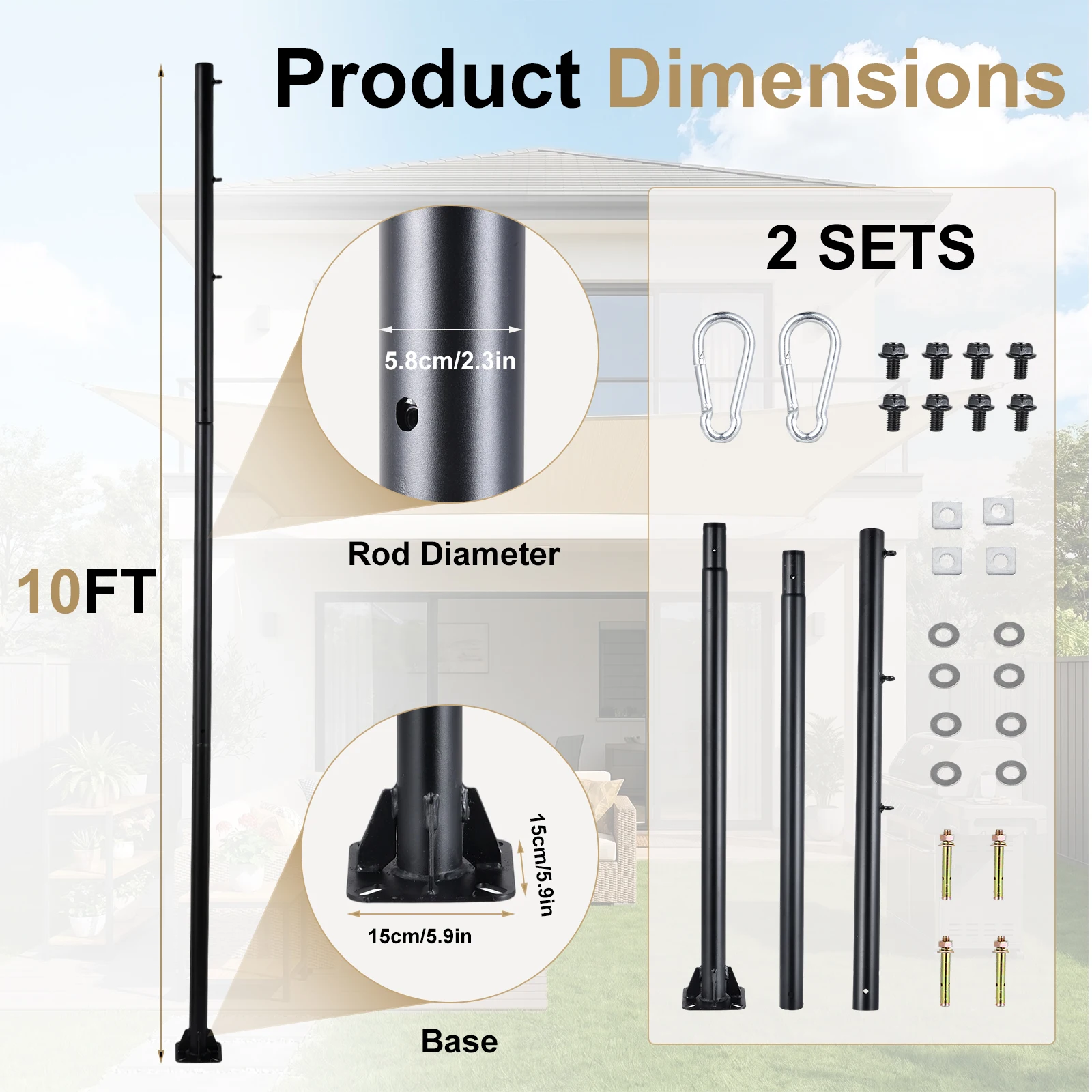 Sun Shade Poles | Rust Proof Thickened 10ft Diameter 2.3in Steel Post | Canopy Support Poles with Carabiner Hooks | for Outdoor Patio Garden Backyard Balcony Camping
