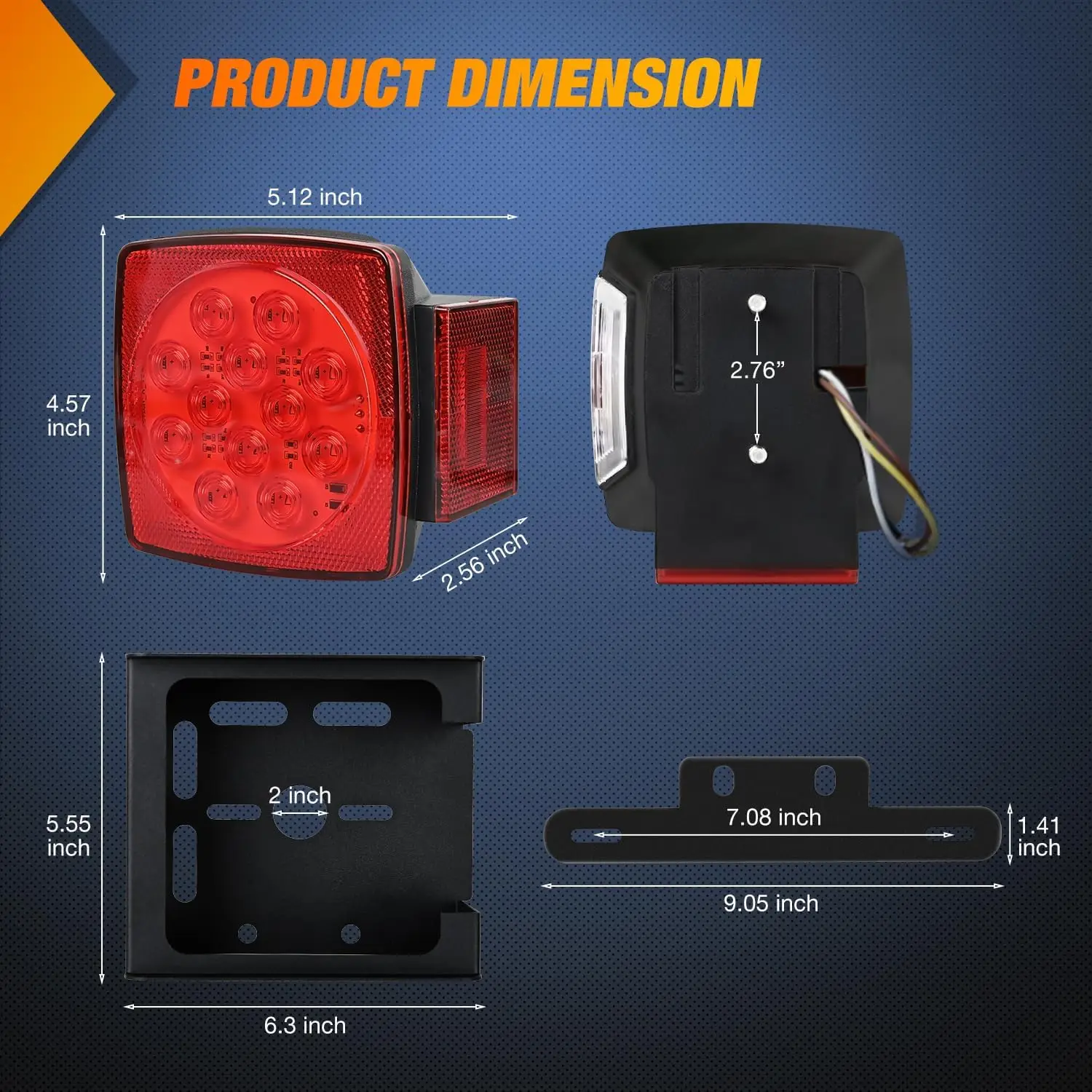 LED Trailer Light Kit 2 PCS Square Stop Turn Tail Side Marker Lights Steel Submersible IP68 For 12V Utility Boat Camper RV Truck