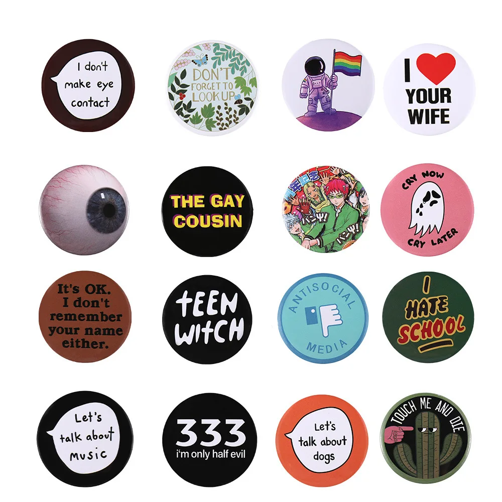 European And American Punk Style Round Tinplate Metal Brooch Pin Cartoon Cute Cartoon Character Badge Clothing Accessories Gift