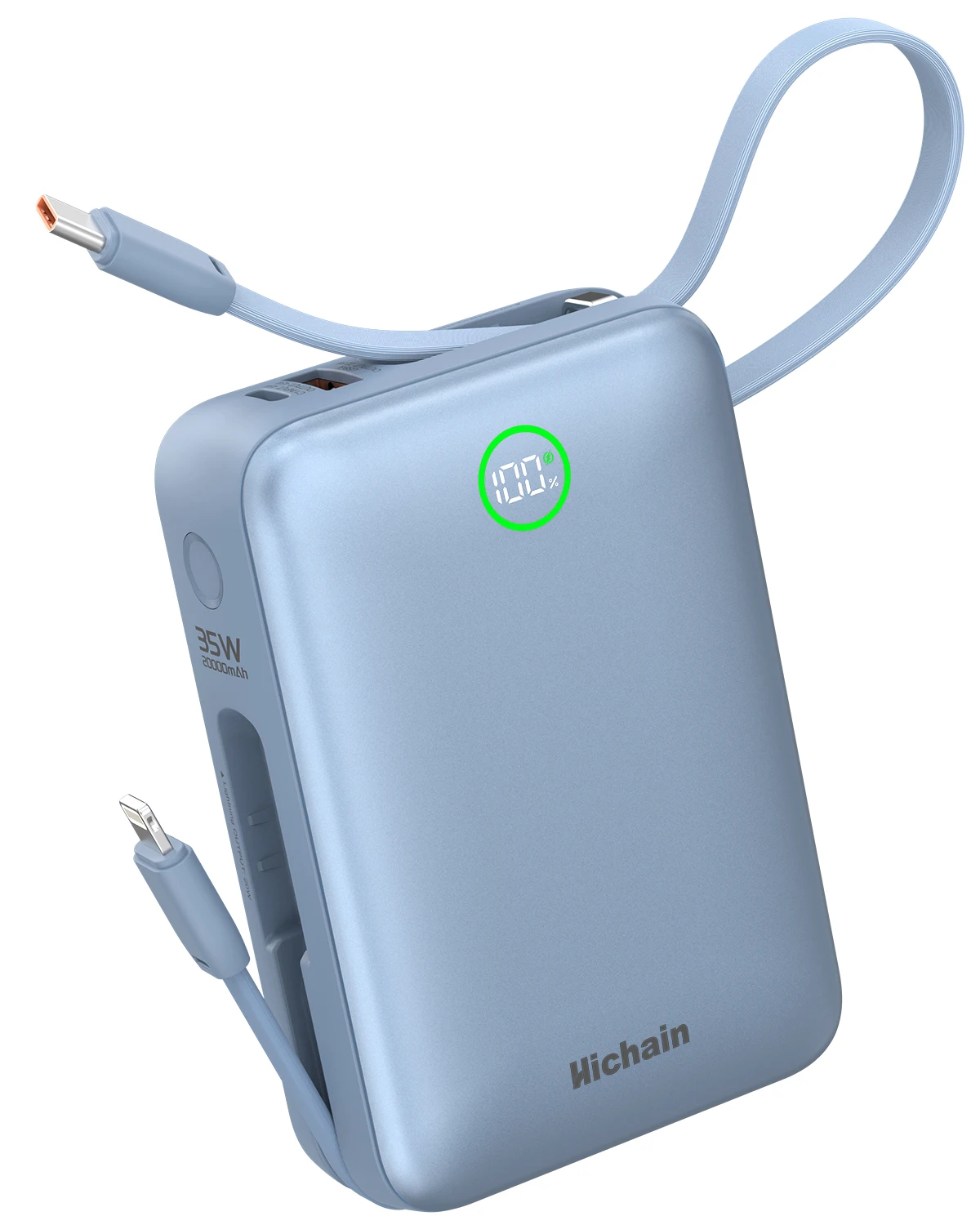 

Портативный внешний аккумулятор Hichain PD35W 20000 мАч с двумя кабелями C+L, быстрая двусторонняя зарядка для iPhone и Huawei.