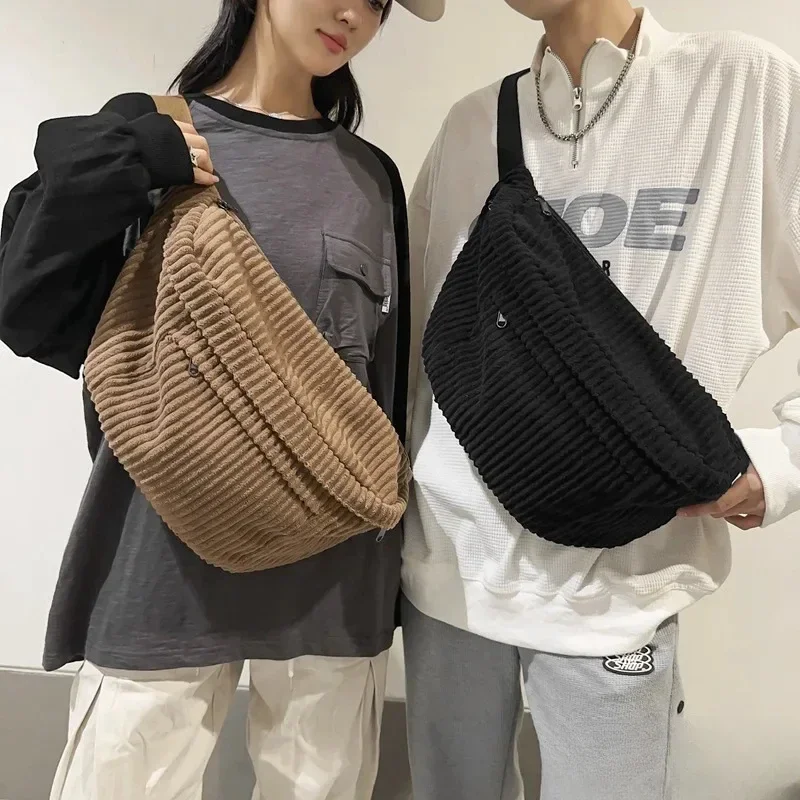 Large Capacity Corduroy Women Waist Pack Casual Fanny Pack Academic Style Chest Bag Unisex Shoulder Crossbody Bag Waist Belt Bag