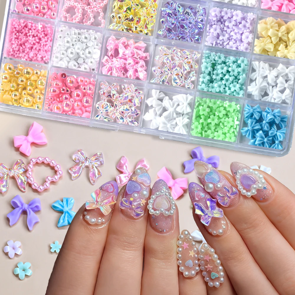

24Grid/box Iridescent Crystal Bow Nail Decoration Pearl Hollow Heart Nail Charms Ice Clear Flowing Ribbon Bowknot Nail Parts