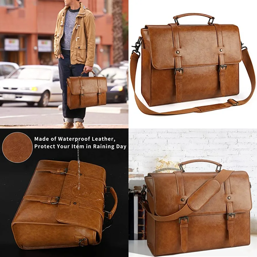 

Mens Messenger Bag Vintage 15.6 Inch Waterproof Leather Laptop Briefcase Large Satchel Shoulder Bag Retro Office College Comput