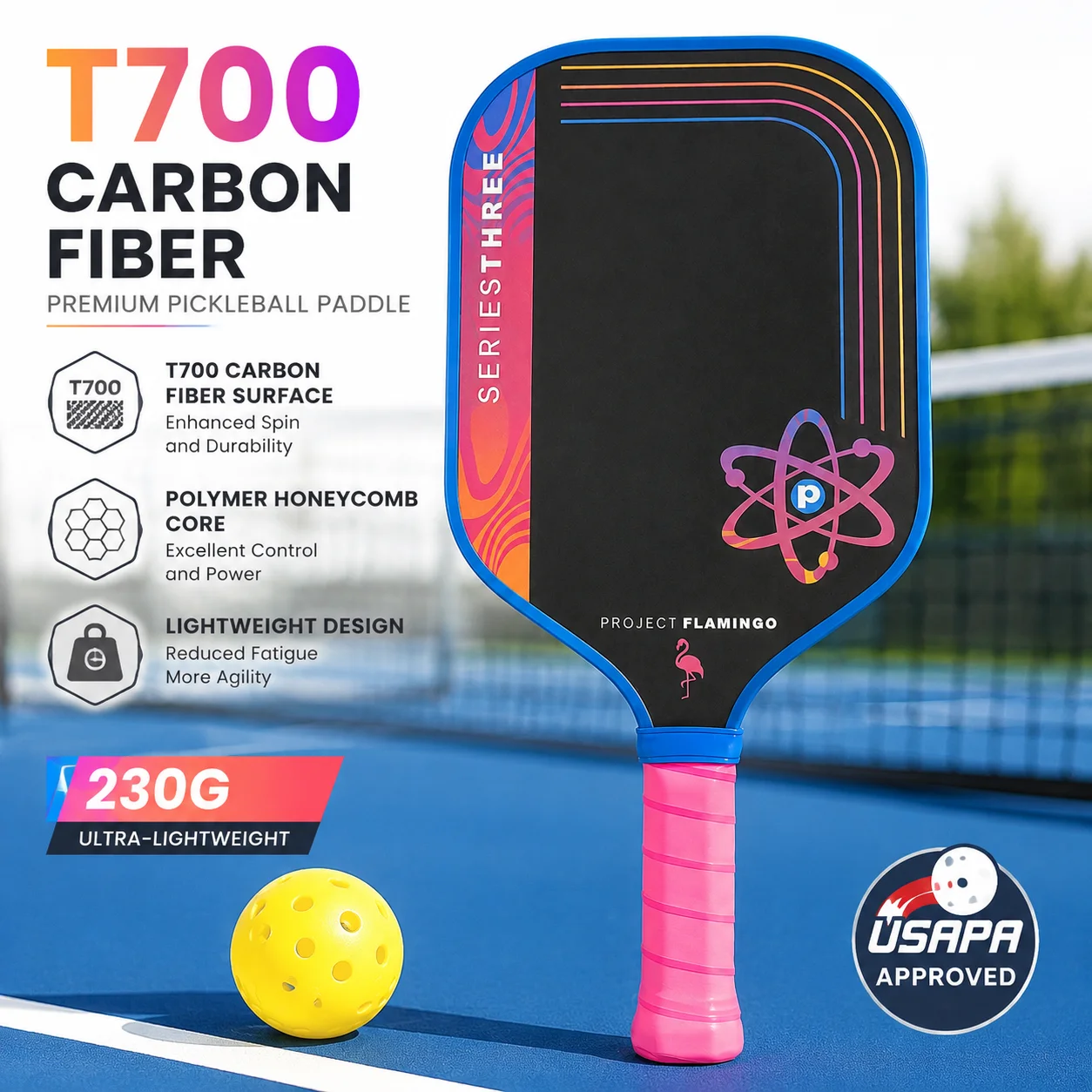 PROJECT PEACOCK T700 Carbon Fiber Pickleball Paddle with Textured Surface Polymer Honeycomb Core 16mm Balanced for Power Spin Co