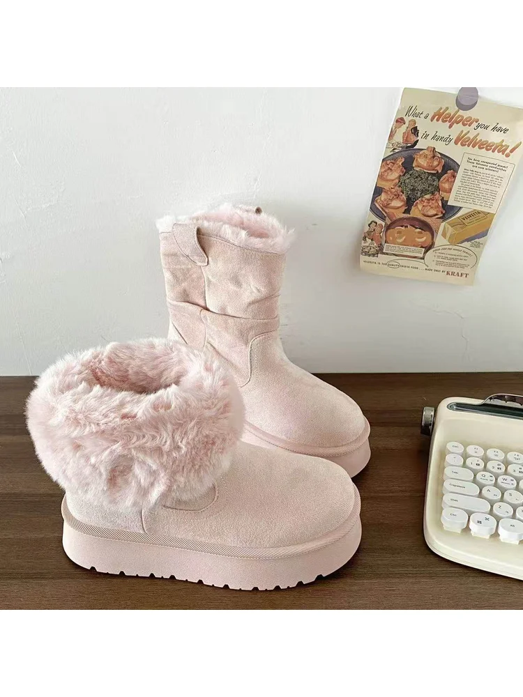 

Розовые и плюшевые толстые зимние сапоги, женские высокие зимние новые хлопковые туфли, теплая хлопковая обувь для девочек в стиле Лолиты, студенческая обувь