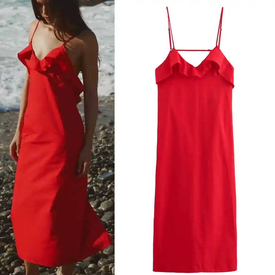 Faionable Red Layered Strapl Dr Women's Street Sle Spring 2024 Sexy Off-oulder Gown ZA 202404WMDR