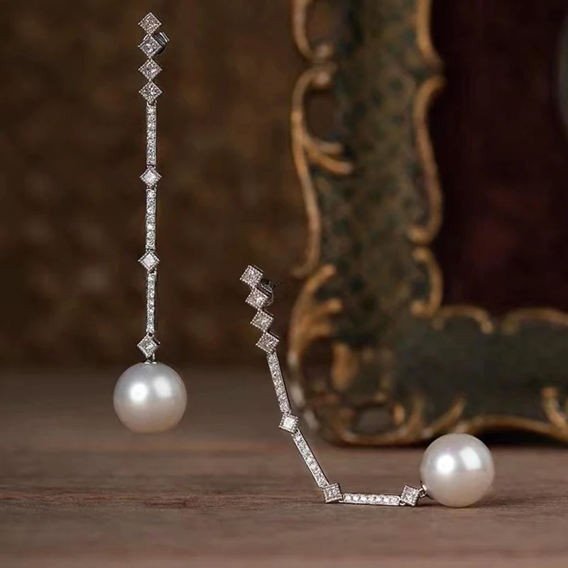 Uilz Long Crystal Tassel Imitation Pearl Dangle Earrings For Women Silver Color Wedding Earing Unique Design Jewelry Gifts