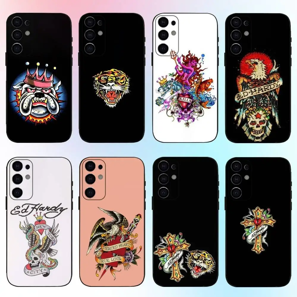 حافظة هاتف Ed Hardy من ماركات الأزياء لهاتف سامسونج S25، S24، S21، S22، S23، S30، Ultra، S20، Plus، Fe، Lite، Note، 10,9,5G غطاء أسود