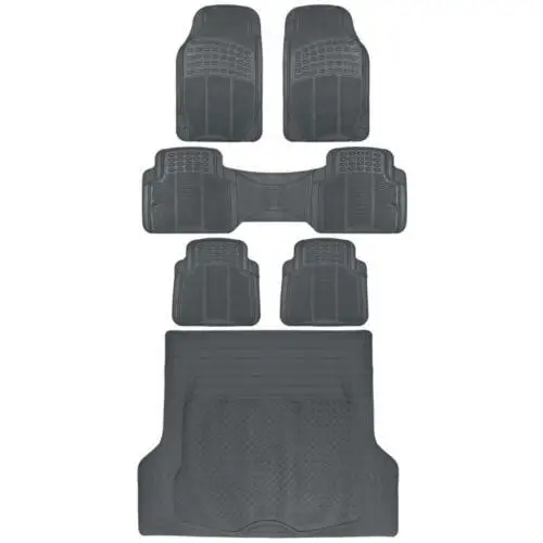 

Full 3 Row Car Rubber Floor Mats Gray All Weather w/ Cargo Trunk Mat Max Duty