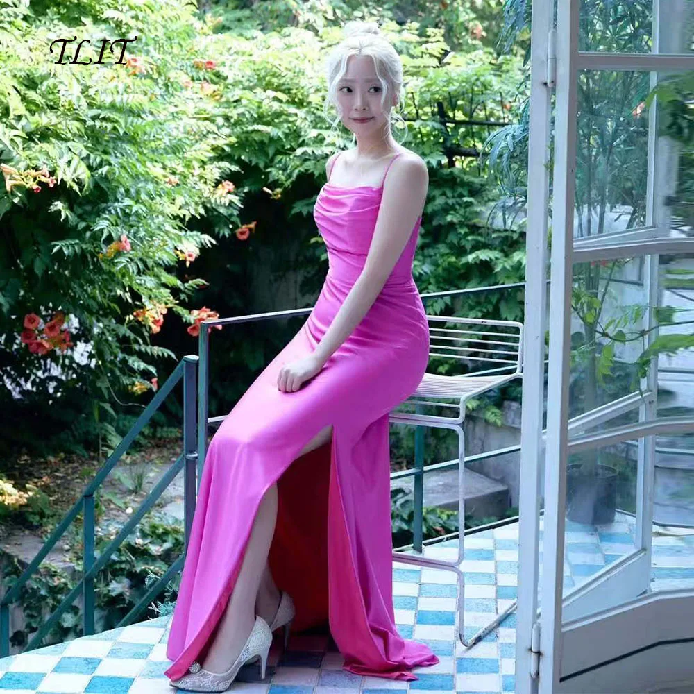 

TLIT Simple Purple Elastic Satin Evening Dresses Customized Thin Spaghetti Strap Corset Back Prom Gowns Split Vestidos de Fiesta