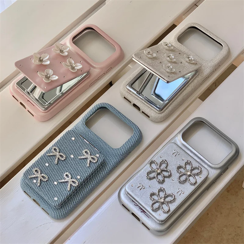 

Luxury Diamond Bowknot Flower Leather Phone Case For iPhone 17 Pro 16 13 14 15 Pro Max Cover with Mirror Stand Cute Protective C