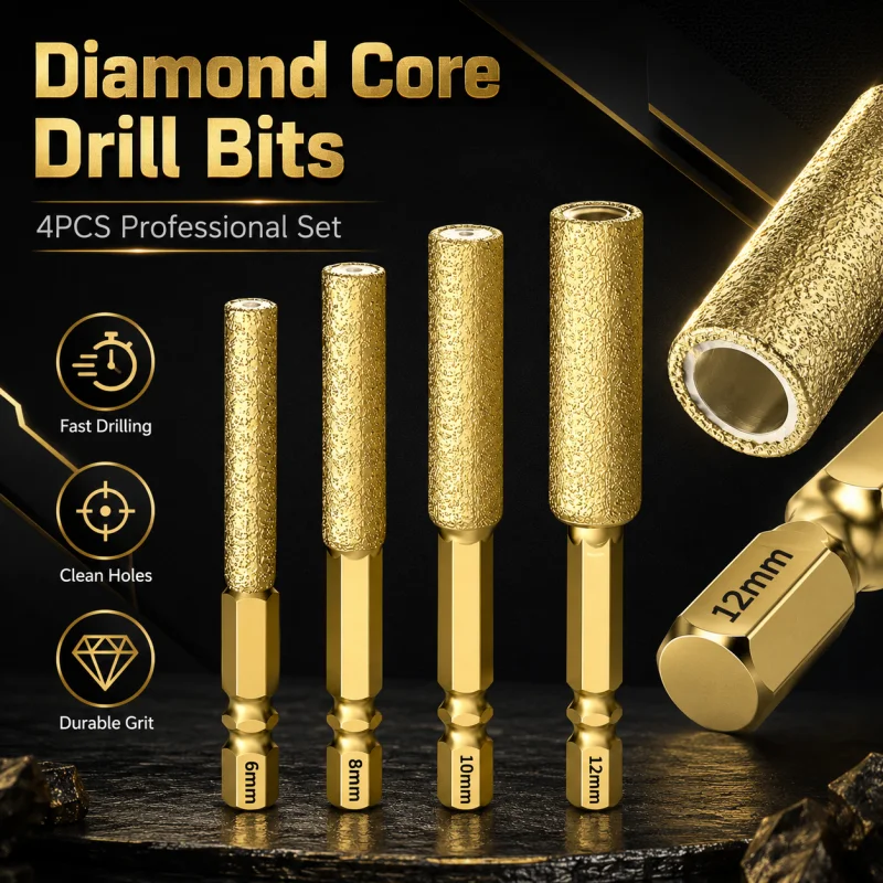4Pcs Hex Shank Diamond Core Drill Bit Set 6‑12mm for Tile Porcelain Glass Marble Stone Drilling