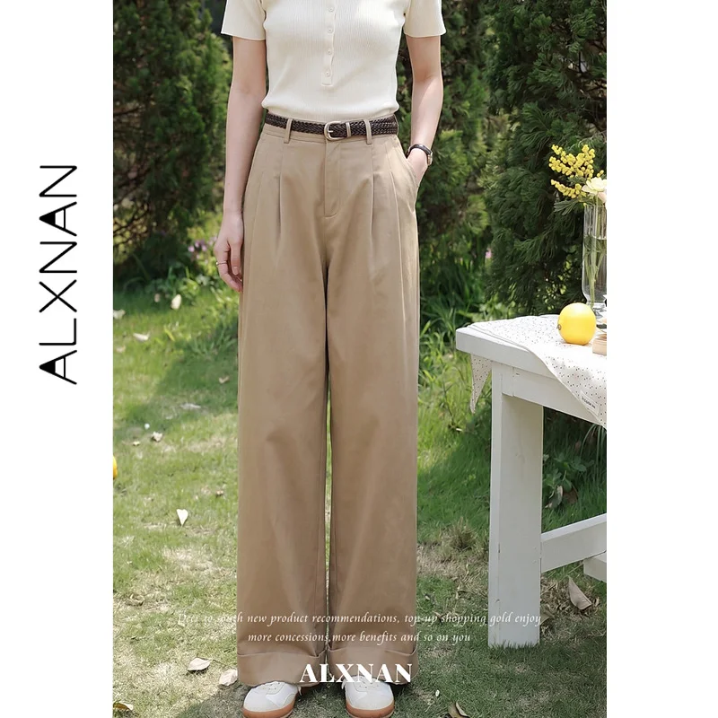 ALXNAN Women's Summer Pants High Waist Wide Leg Khaki Trousers Casual Straight Loose-fit Elegant Fashion Female Clothing L663176