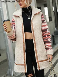 2025 Autumn Winter Patchwork Women Jacket Thick Plush Warm Long Sleeve Casual Coat Soft Loose Long Cardigan Lady Zipper Coat