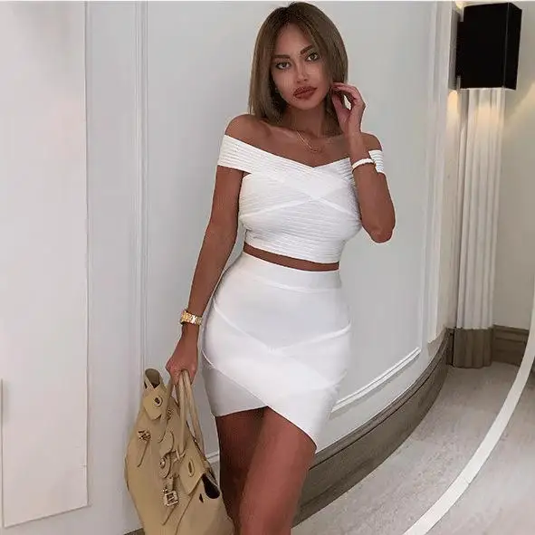 

Faionable Sexy White Elastic Bandage ort Top And Skirt Two-Piece Set Polyester Fiber Summer Brand Unbranded