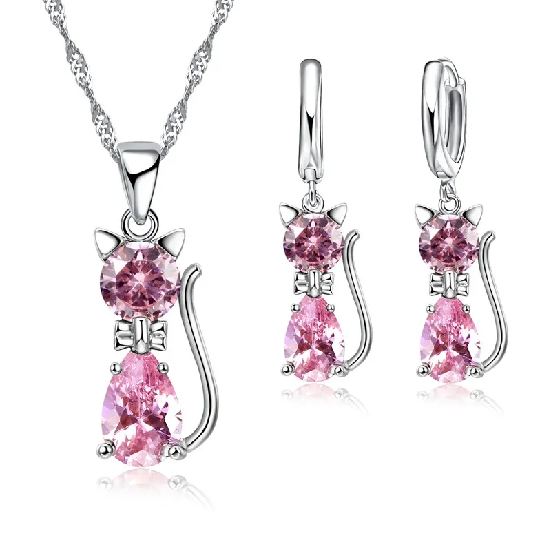 Heiße Mode Silber CZ Schmuck Sets 925 Silber Nette Katze Geformt Halskette Hoop Ohrring Set Für Frauen/mädchen Geschenke