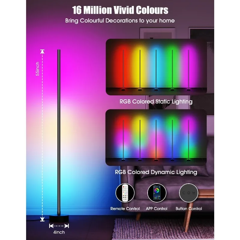 Lampe d'angle RVB sur pied avec application Bluetooth, lampe d'angle moderne intelligente, télécommande, proxy de document