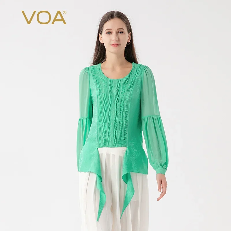 VOA Jacquard Silk Spring Green O-neck Lantern Long Sleeve T-Shirts Three Dimensional Swing Loose Leaf Silk Tops Women BE1562
