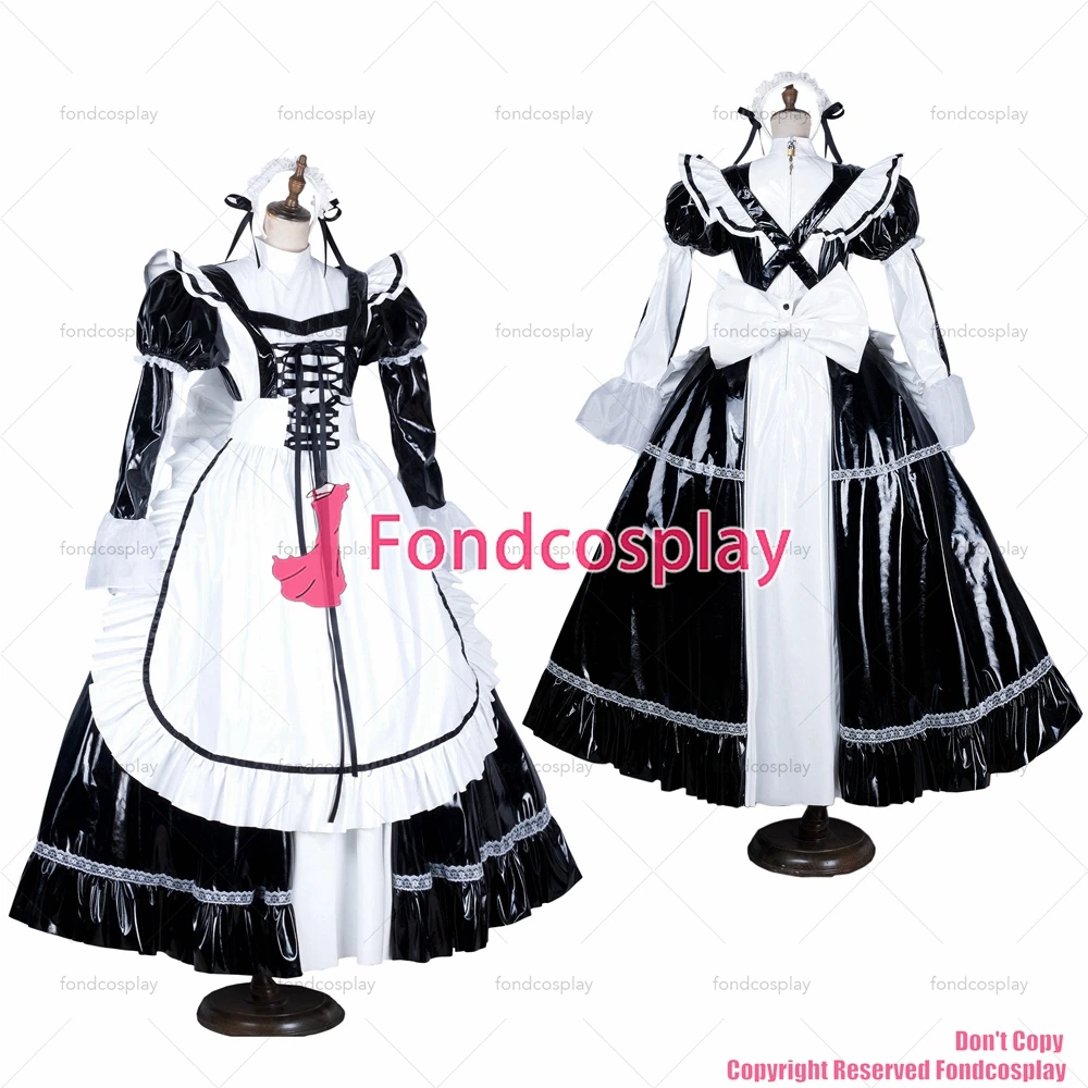 fondcosplay adult sexy cross dressing sissy maid long black white thin PVC lockable Dress vinyl Uniform CD/TV[G1562]