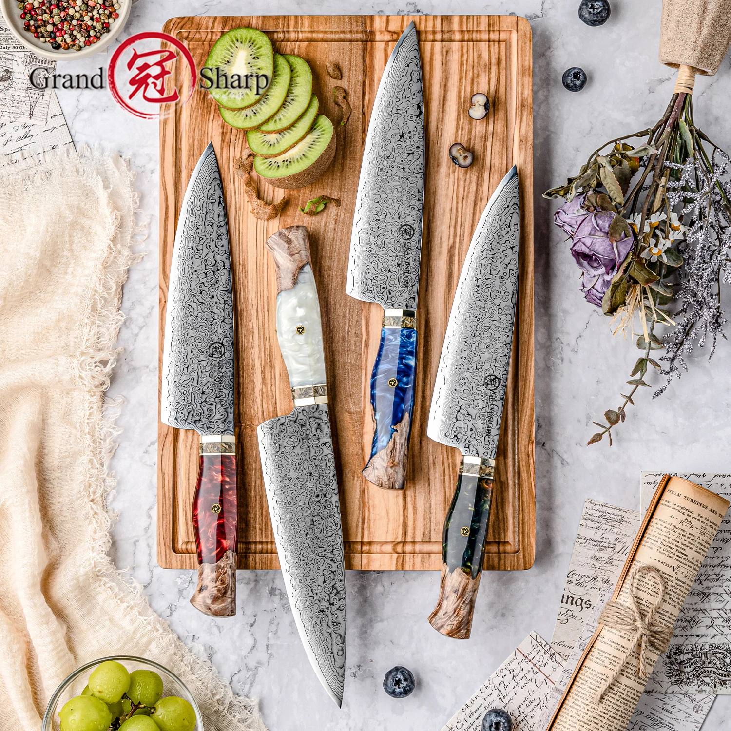 Japanese Chef Knife Premium Kitchen Cooking Tools 67 Layers Damascus Stainless Steel Blue Red White Wooden Handle Cookware