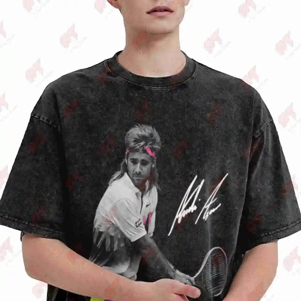 Andre Agassi Retro Swagger Neon Court Vintage Washed Tee Pure Cotton T-Shirt