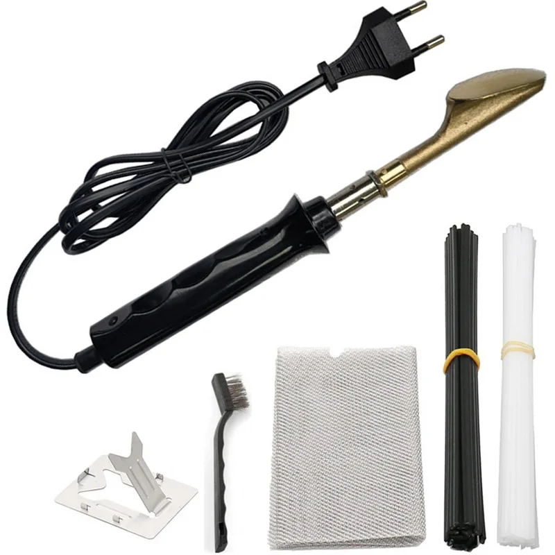 Car bumper repair, wiping flat plastic welding rods, repairing holes, soldering iron, welding gun
