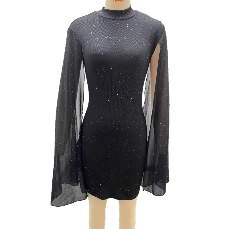 2026 Cross-border European and American Women's Clothing Amazon  Round Neck Pit Strip Pearl Chiffon Cape Hip-wrapped Dress Women