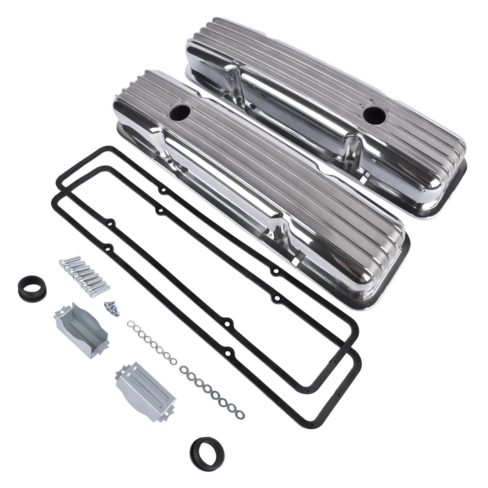 

AP02 Aluminum Short Finned Valve Covers w/Gaskets For Chevy SBC 283-400 58-86 Short Finned Aluminum Engine Valve Covers Polished
