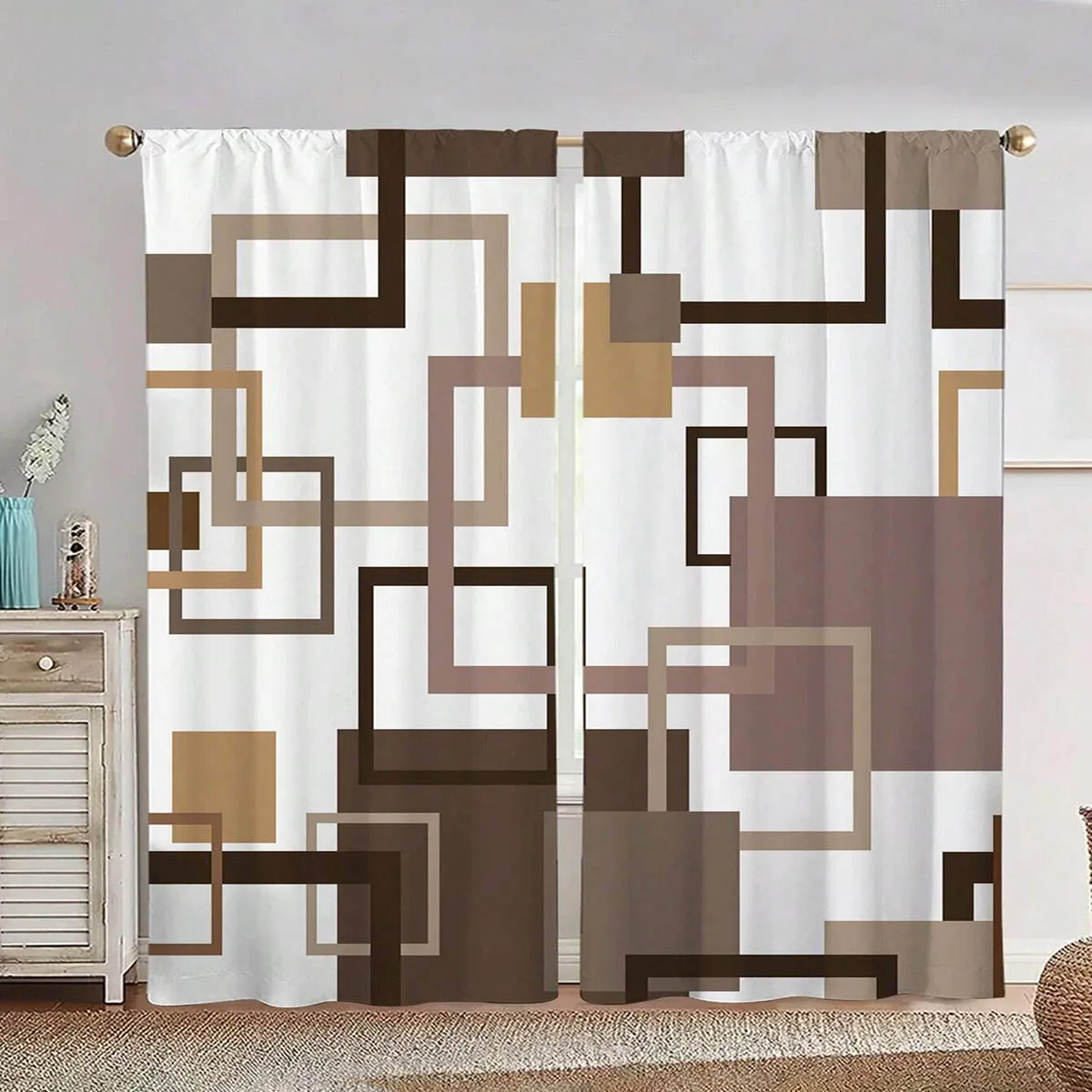 2 pieces,Window curtains, modern minimalist geometric plaid pattern printed curtains, bedroom, living room, and kitchen curtains