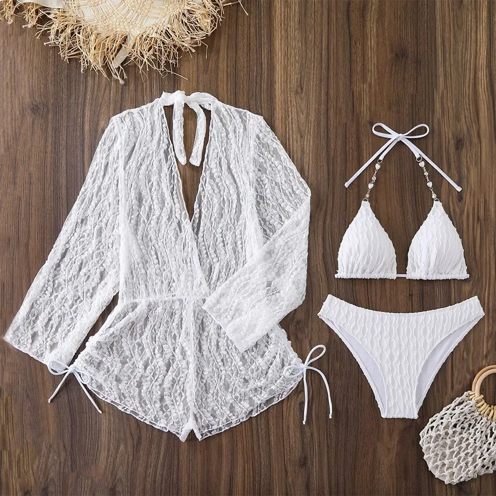 3Pcs/Set Fashion Summer Women Swimsuit Mesh Cover Up Party Cover-up Swimwear Long-sleeve Casual Beachwear for Beach