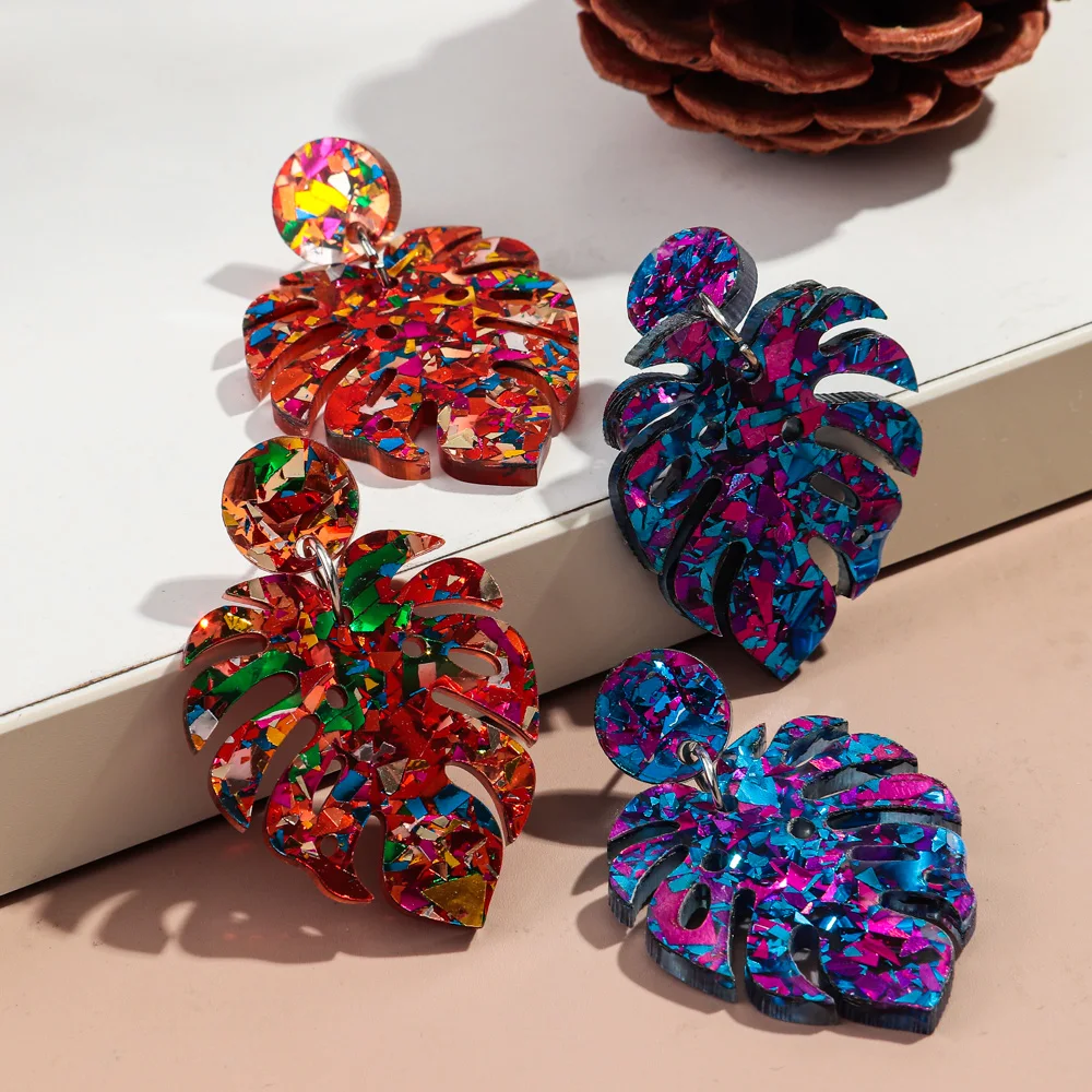 Sequins Acrylic Colorful Monstera Leaf Drop Earrings for Women Exaggerated Tropical Leaves Plant Earrings Fashion Jewelry Gifts