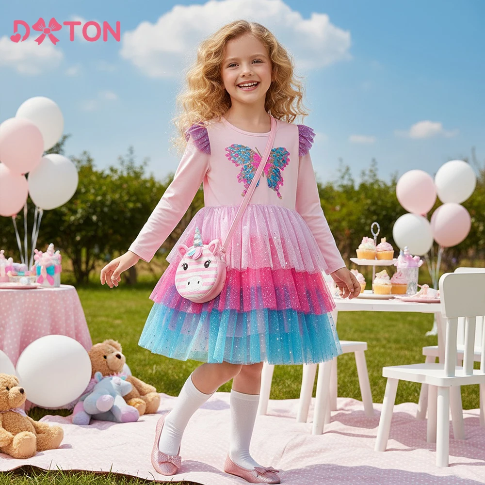 

DXTON Princess Cake Dresses Sequined Butterfly Children Party Girls Cotton Outfit 5 Layered Mesh Elegant Kids Girls Dress Clothe