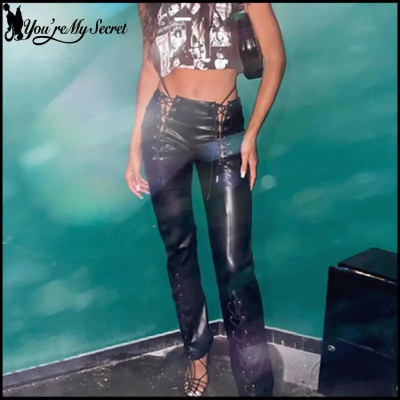 الخريف بولي بنطال بنطال جلدي المرأة عادية الشرير حزام بنطلون موضة سليم صالح بنطلون Y2K الشارع الشهير القوطية فستان أسود