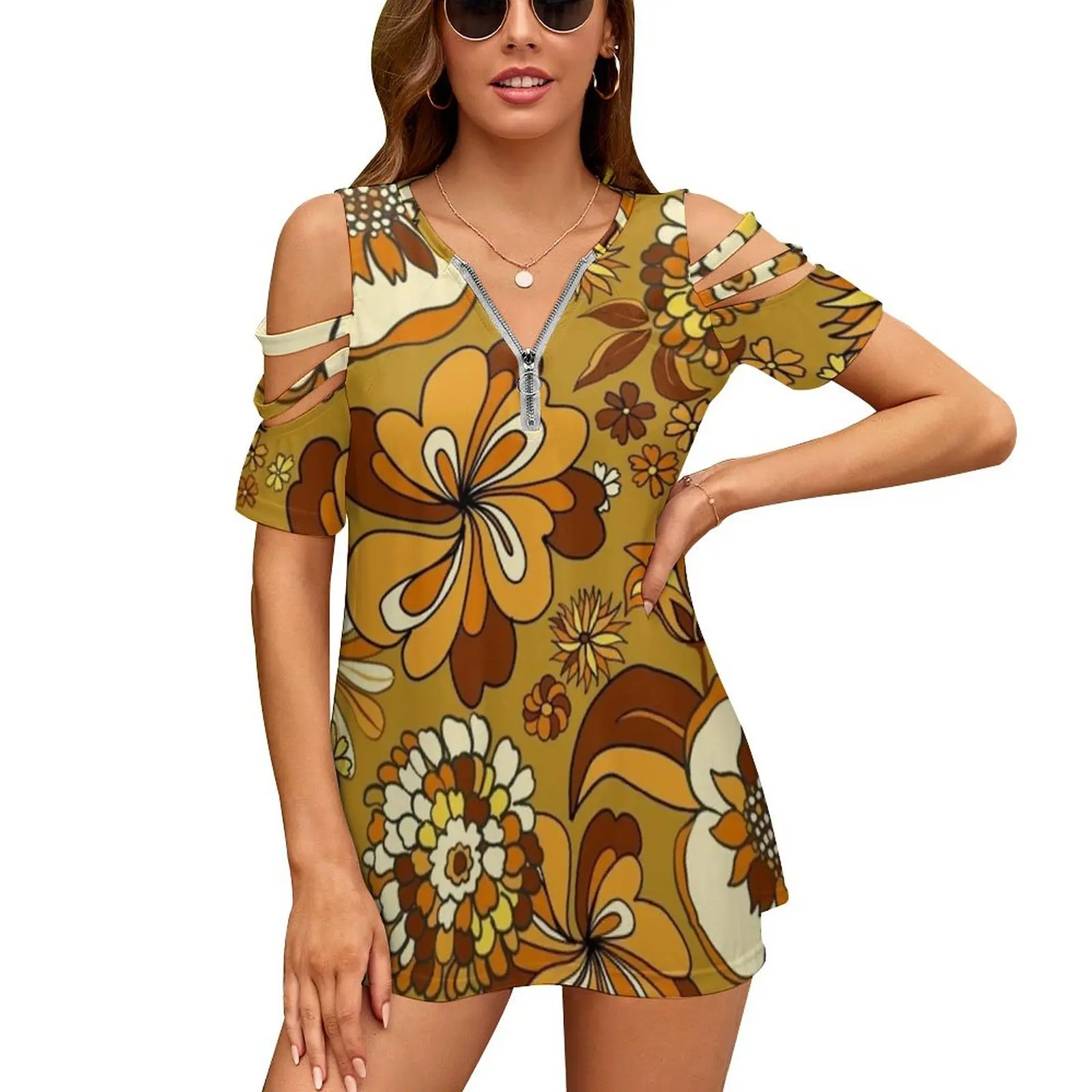 70S Vintage Flower Power Floral Pattern , Orange , Mustard New Fashion Zip Off Shoulder Top Short-Sleeve Women Shirt 70S