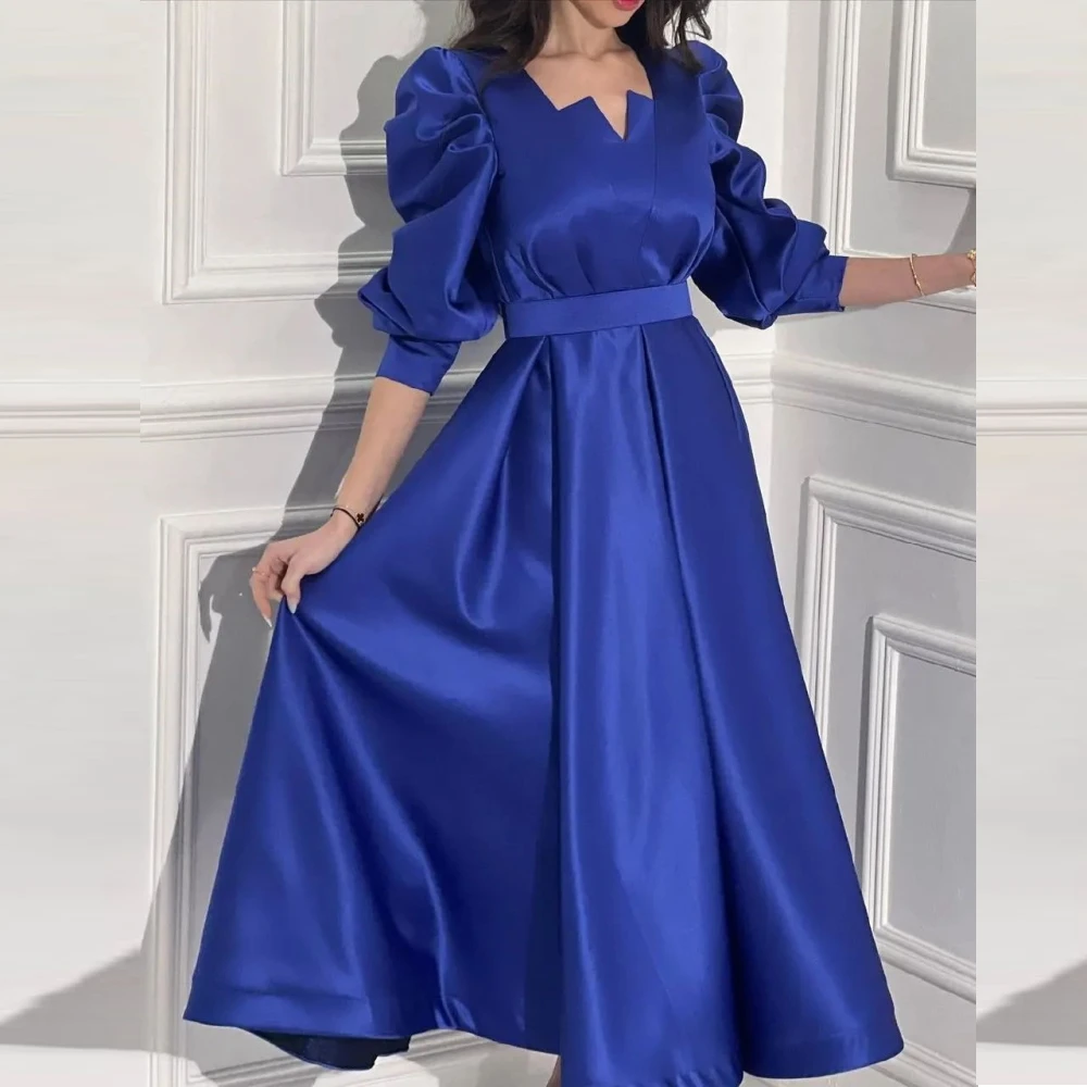 Carolina V-Neck Evening Dresses Women Saudi Arabia Half Sleeves Satin Blue Vintage Wedding Guest Elegant Formal Party Gowns