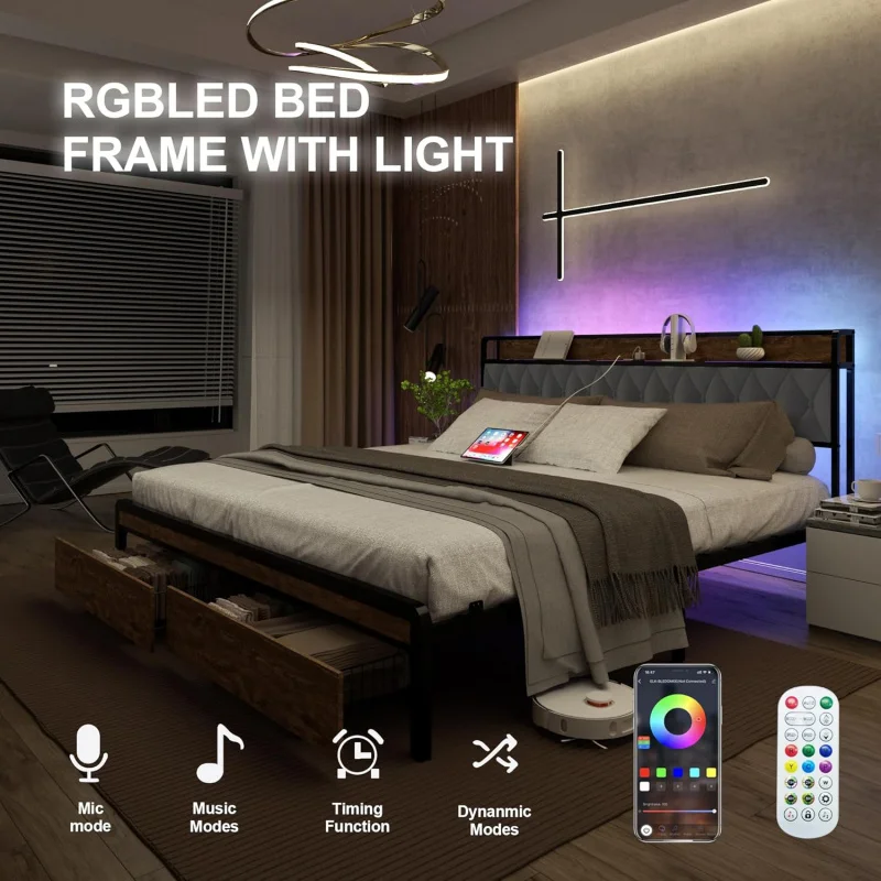 Cadre de lit à plateforme en métal Queen Size, 2 égouts de proximité de stockage, lumière LED, panneau de sauna touffeté à boutons en velours avec prise et USB