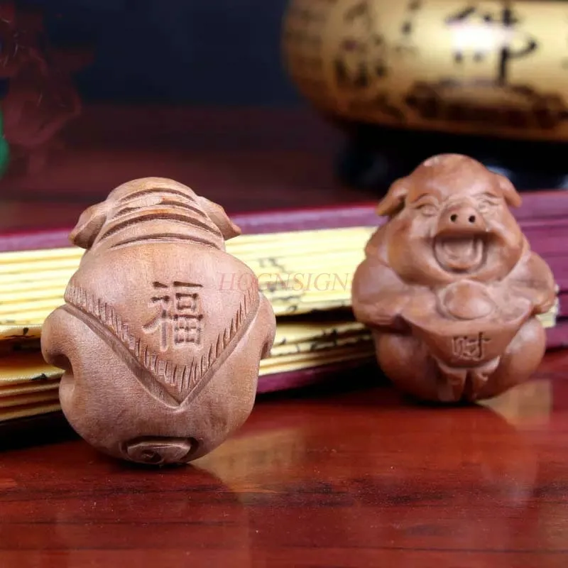 Feicheng Peach Wood Fu Pig Handle Piece Round Pig Handle Ball Fitness Ball Woodcarving Handcarved