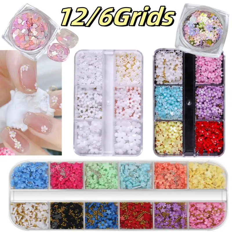 Five Petal Floral DIY Flower Nail Charms 12/6Grids 3D Acrylic Resin Flower Nail Art Rhinestones 3D Floral Nail Gems Decoration