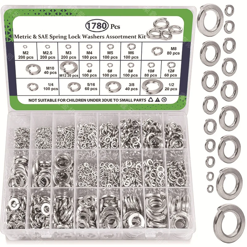 550-1780Pcs Metric & Imperial Spring Lock Washers Assortment Kit, M2-M12 / 4#-1/2 Boxed Elastic Locking Washers