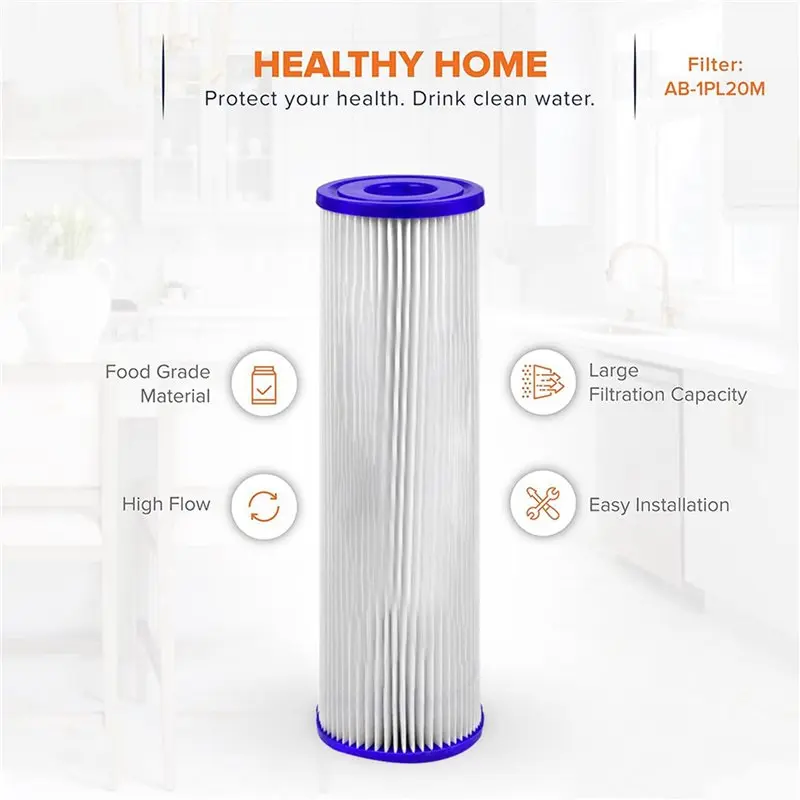 A69T 20 Micron Pleated Sediment Filter Cartridge 10Inch X 2.5Inch Whole House Water Filter Replacement For WFPFC3002, 12-Pack