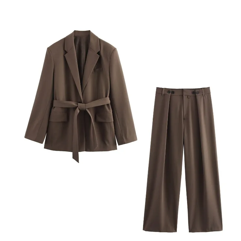 

Fashion suit collar Solid long sleeved suit jacket with belt+straight leg pants 2-piece Sets New Casual suit set Woman Clothing