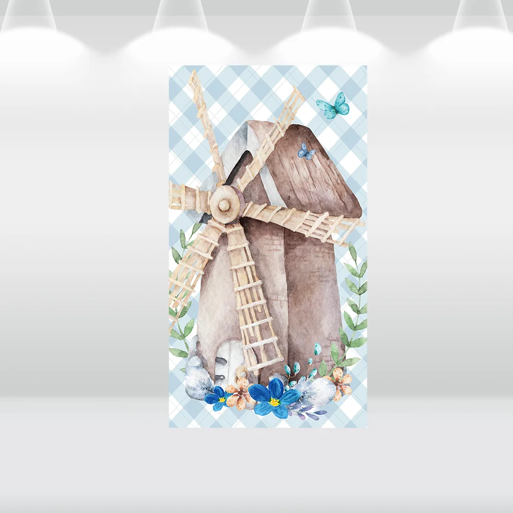 Blue Checkers Farm House Arch Cover Wall Easter Eggs Round Circle Backdrop Banner Cute Sheep Baby Shower Table Cylinder Covers