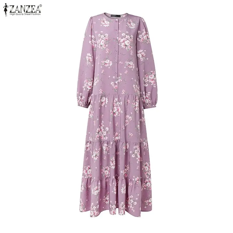 ZANZEA Women Bohemain Long Sleeve Floral Printed Dress 2026 Muslim Abaya Robe Femme Casual O Neck Loose Sundress Kaftan Vestidos